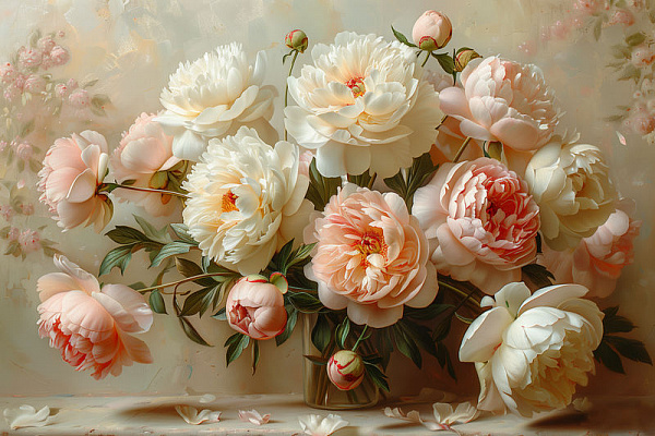 Картина Букет розовых и белых пионов в вазе - Картины в спальню 