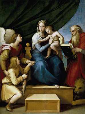 Картина Мадонна з немовлям між архангелом Рафаїлом з Товією та св. - Рафаель Санті 