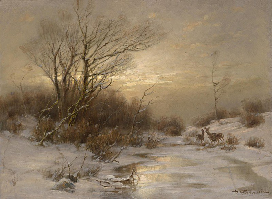Картина Зимний пейзаж с оленями - Томассен Дезире 