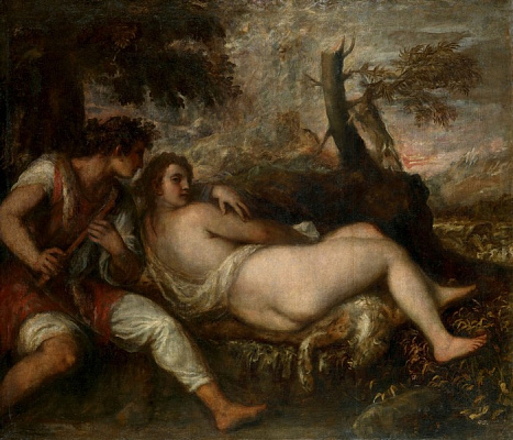 Картина Пастух и нимфа - Вечеллио Тициан 