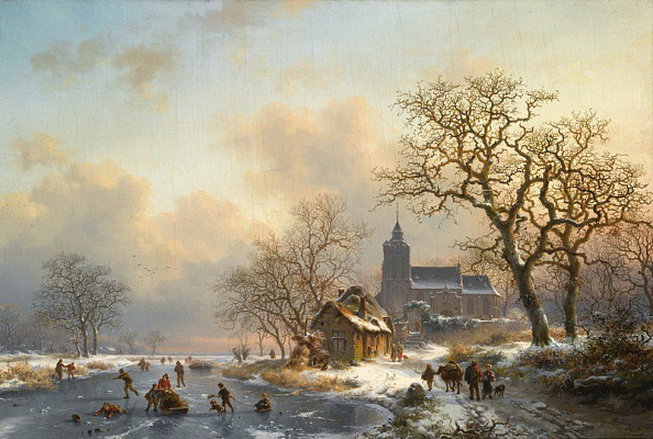 Картина Зимний пейзаж с замерзшей рекой - Пейзаж 