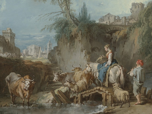 Картина Пейзаж с пастушкой и городом вдали - Буше Франсуа 