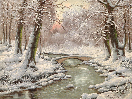 Картина Зимний пейзаж на закате - Неогради Ласло 