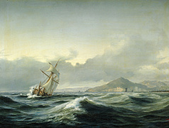 Морской пейзаж с кораблем в неспокойной воде
