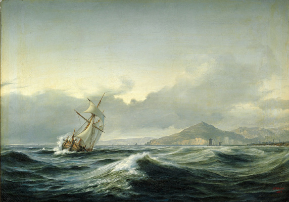Картина Морський пейзаж з кораблем у неспокійній воді - Мельбю Антон 
