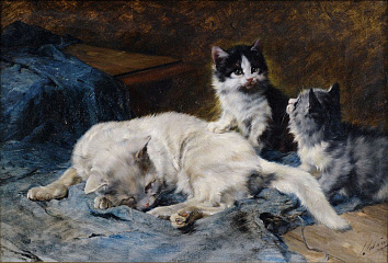 Кошка с двумя котятами