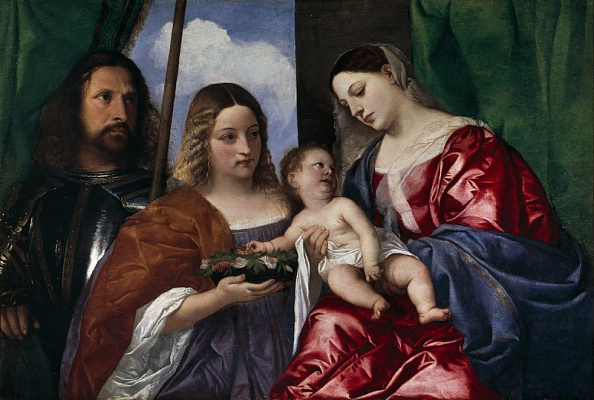Картина Мадонна з немовлям, св.Доротеєю та св.Георгієм - Вечелліо Тіціан 