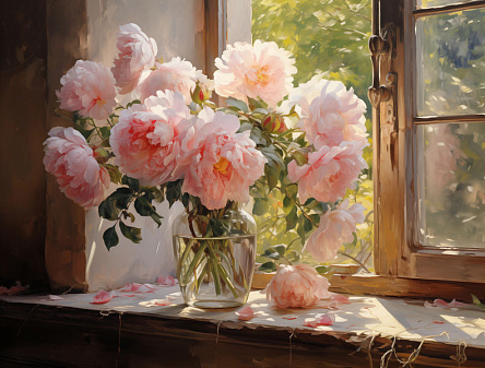 Розовые пионы на окне