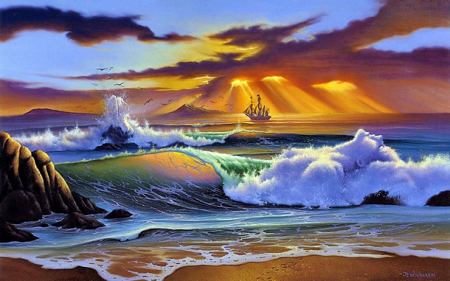 Картина Морские волны на закате - Пейзаж 