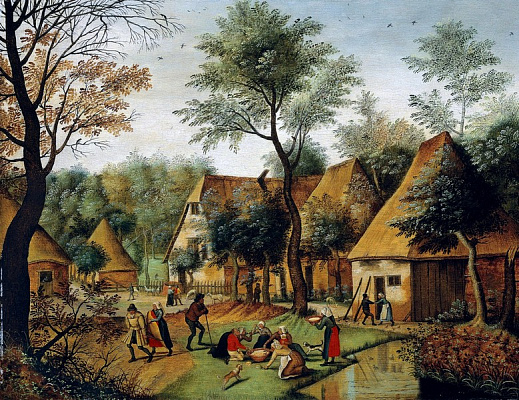 Картина Сільський пейзаж з селянами, що обідають. - Брейгель Пітер Молодший 
