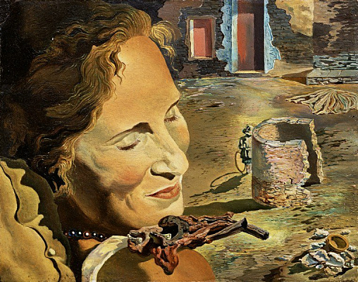 Картина Портрет Гала с двумя ягнятами, находящимися в равновесии на ее плече - Дали Сальвадор 