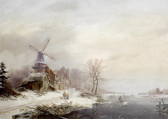 Картина Зимний пейзаж с мельницей - Пейзаж 