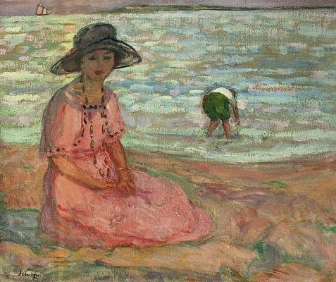 Картина Молодая женщина, сидящая на берегу моря - Лебаск Анри 