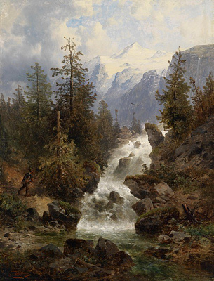 Картина Охотник у горной реки - Картины для офиса 