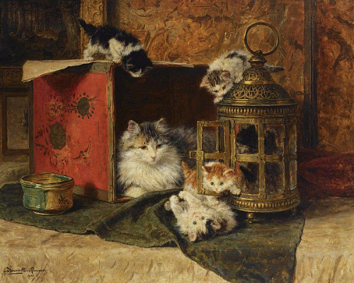 Картина Кошка, наблюдающая за игрой своих котят2 - Роннер-Книп Генриетта 