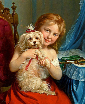 Картина Девочка и собачка - Детские старинные 