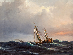 Корабль в волнах на закате