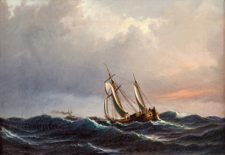 Корабель у хвилях на заході сонця
