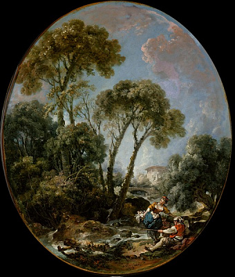 Картина Пейзаж с рыбаком и молодой женщиной - Буше Франсуа 