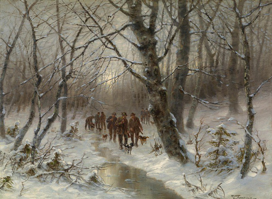 Картина Мисливці у зимовому лісі - Томассен Дезіре 