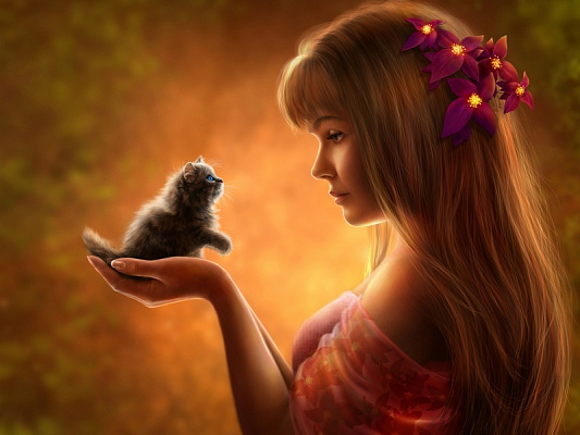 Картина Девушка и котенок - Фэнтези 