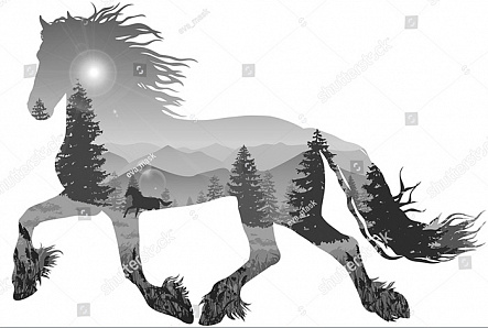 Лошадь сосны и горы