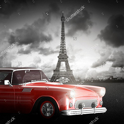Картина Ретро авто в Париже - Черно-белое 