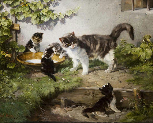 Картина Кошка с котятами - Адам Юлиус 