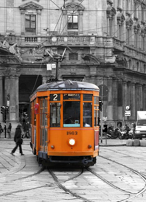 Картина Оранжевый трамвай - Черно-белое 