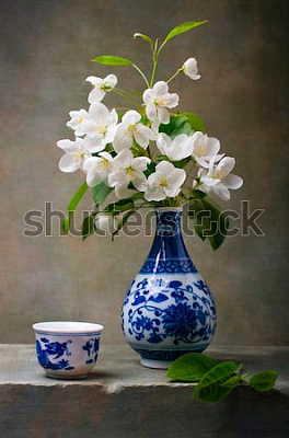 Картина Белые цветы в китайской вазе - Цветы 