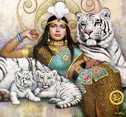 Картина Египетская красавица и тигры - Женские фэнтези 