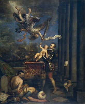 Картина После победы под Лепанто предложение Филиппа II принца Фернандо Небесам  - Вечеллио Тициан 