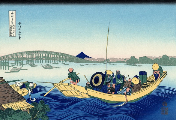 Картина Вечірнє світло над мостом Регоку з берега річки Оммаягасі - Японський живопис 