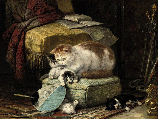 Картина Кошка, наблюдающая за игрой своих котят - Роннер-Книп Генриетта 