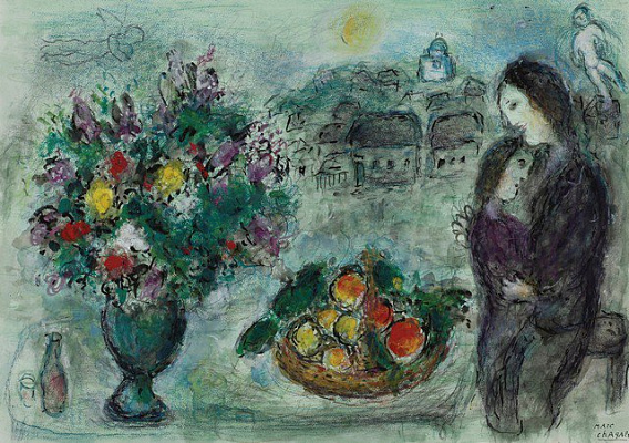 Картина Цветы и корзина фруктов - Шагал Марк 