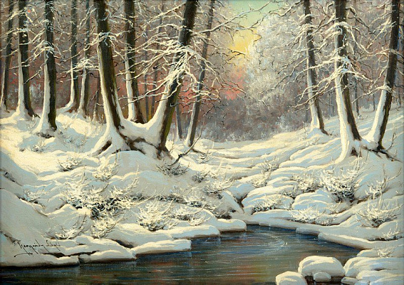 Картина Зимовий пейзаж з струмком у вечірньому світлі. - Неограді Ласло 