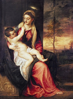 Картина Мадонна с младенцем в вечернем пейзаже - Вечеллио Тициан 