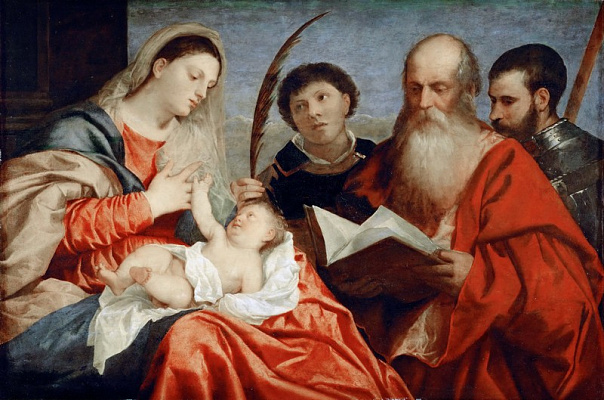 Картина Мадонна с младенцем, св.Стефаном, св.Иеронимом и св.Маврикием - Вечеллио Тициан 