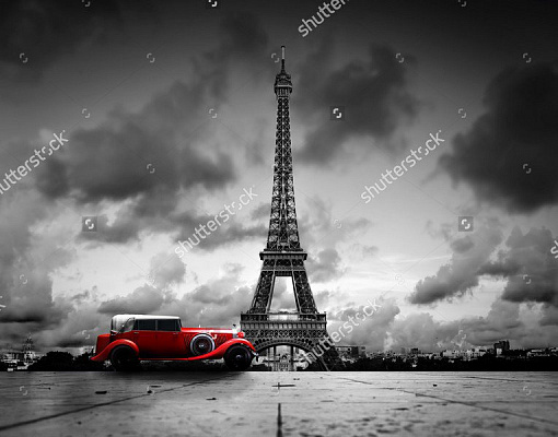 Картина Красное авто в Париже - Черно-белое 