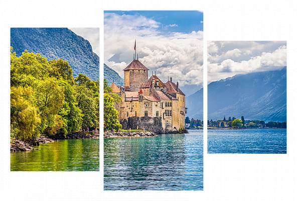 Картина Шато де Шильон в Швейцарии - Из трех частей 
