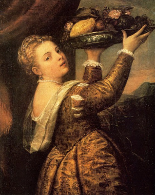 Картина Девушка с блюдом фруктов - Вечеллио Тициан 