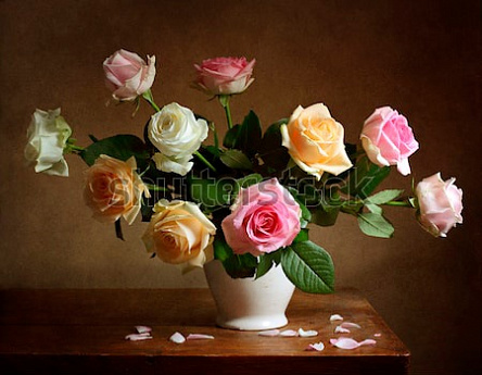 Разноцветные розы на столе