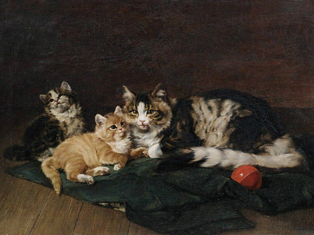 Кошка и котята с красным шаром