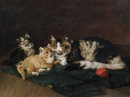 Картина Кошка и котята с красным шаром - Адам Юлиус 
