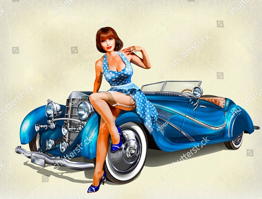 Картина Ретро кар с девушкой - Неизвестный художник 