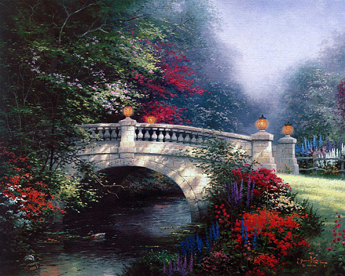 Картина Пешеходный мост через реку - Кинкейд Томас 