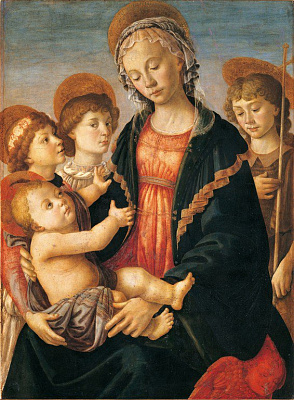 Картина Мадонна с млад, двумя ангелами и юным Иоанном Крестителем - Боттичелли Сандро 