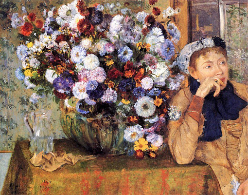 Картина Женщина рядом с вазой цветов - Дега Эдгар 