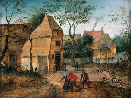 Дружина виводить п'яного чоловіка з таверни