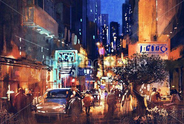 Картина Красочная ночная улица - Луатонг Тити 